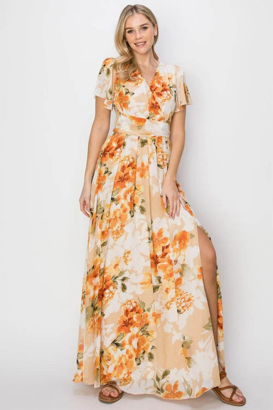 HYFVE Floral Tie Back Short Sleeve Slit Maxi Dress ORANGE Trendsi 703a35ec-2c18-4283-87ce-31de8b5220fe-Max
