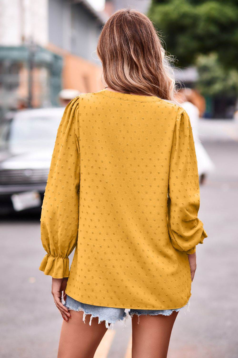 Swiss Dot Notched Neck Flounce Sleeve Blouse Trendsi 703e0344ed7c4396bf5337bdec1dfcfd-Max