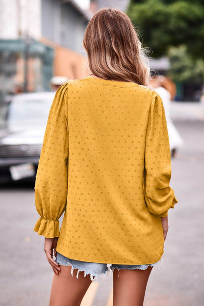 Swiss Dot Notched Neck Flounce Sleeve Blouse Trendsi 703e0344ed7c4396bf5337bdec1dfcfd-Max