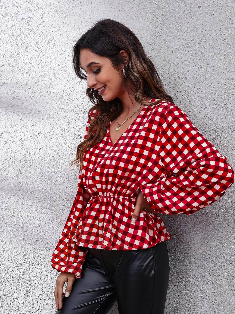 Plaid V-Neck Balloon Sleeve Peplum Blouse Trendsi 7056b7245b3d44b995171b9a069a149e-Max