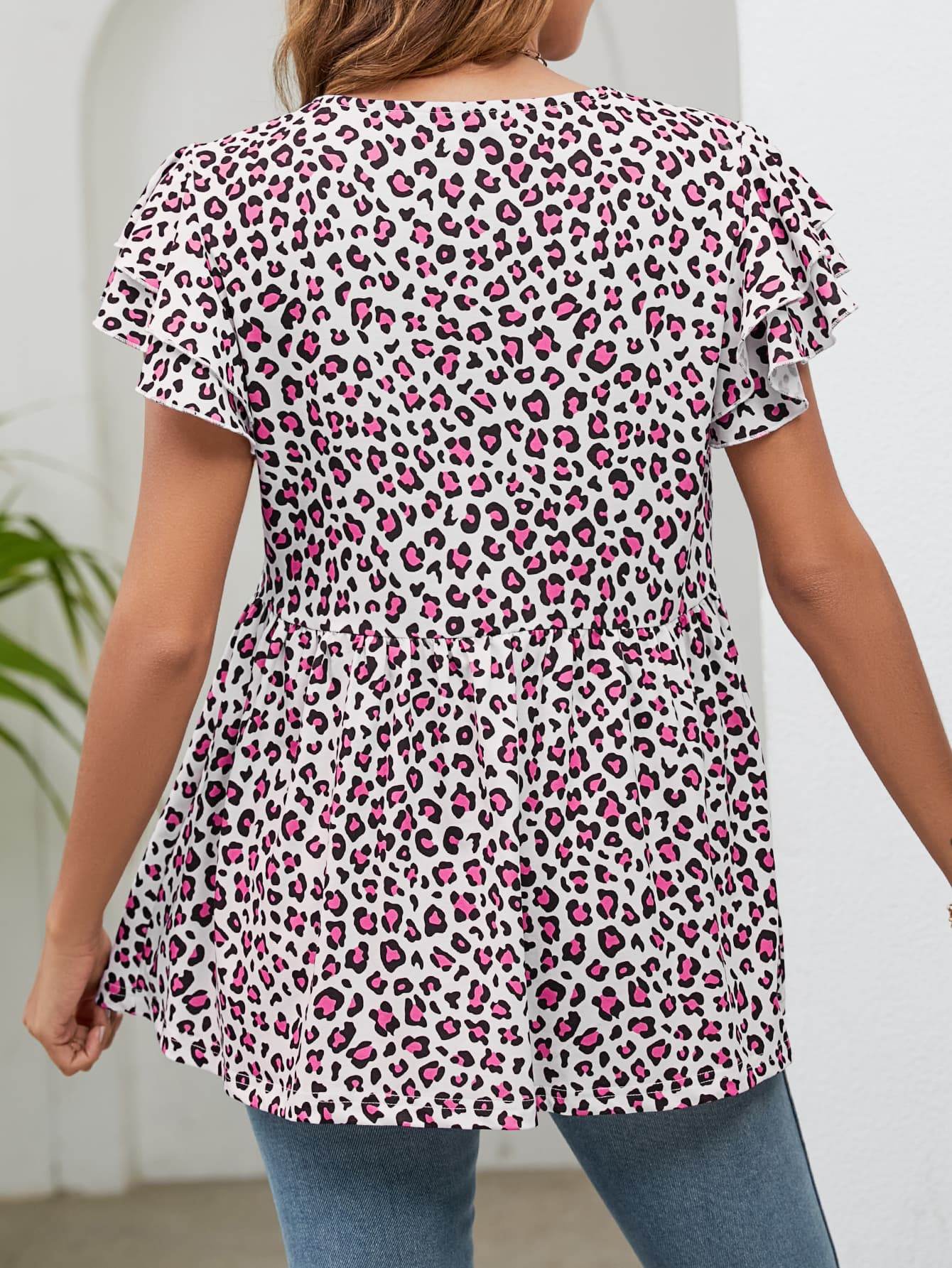 Leopard Round Neck Flutter Sleeve Babydoll Blouse Trendsi 7071179d7a934964a347df45a4acefc7-Max
