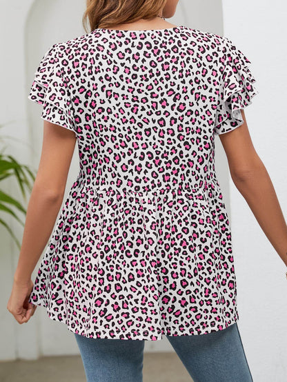 Leopard Round Neck Flutter Sleeve Babydoll Blouse Trendsi 7071179d7a934964a347df45a4acefc7-Max