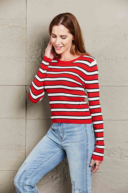 Striped Round Neck Long Sleeve Top Trendsi 7094ba710103440b853351062e499f05-Max