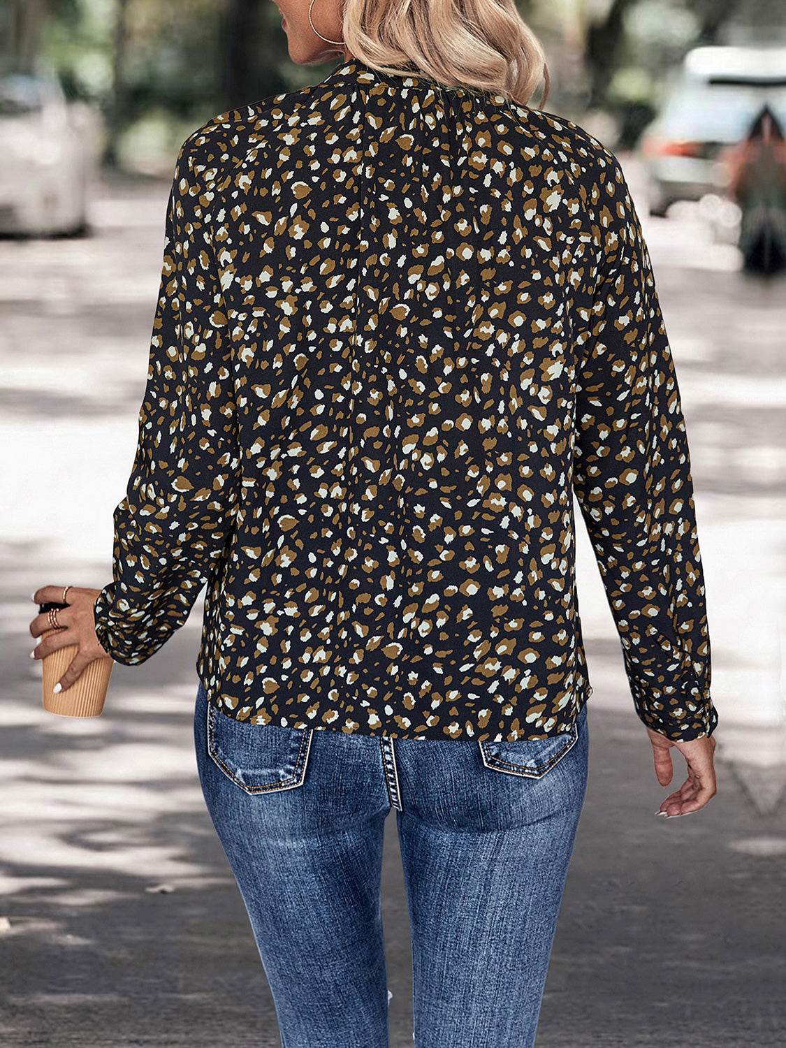 Perfee Printed Tie Neck Long Sleeve Top Trendsi 70e556c94b58485d82acd0781f4d79d6-Max