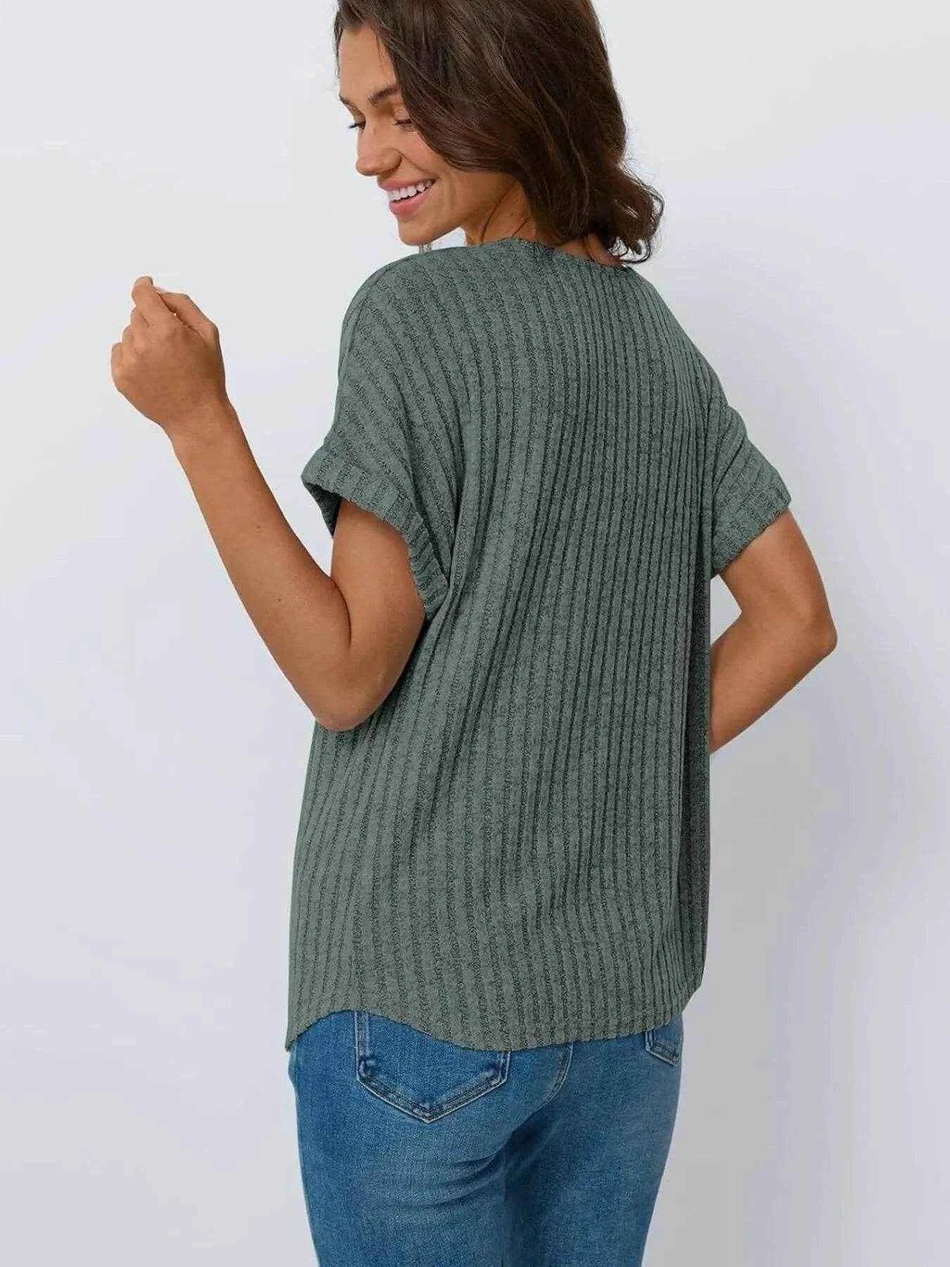 Casual Ribbed Knit Short Sleeve T-Shirt Trendsi 70ed20df2a9341f99f7e41df8e3c25af-Max-Origin