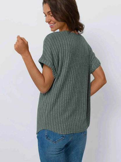 Casual Ribbed Knit Short Sleeve T-Shirt Trendsi 70ed20df2a9341f99f7e41df8e3c25af-Max-Origin
