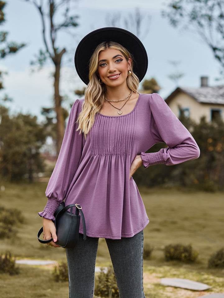 Puff Sleeve Pleated Blouse Trendsi 7167e2889b184543bc72d9c7d7c38289-Max