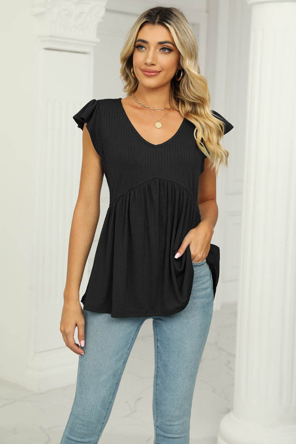 V-Neck Flutter Sleeve Babydoll Blouse Black Trendsi 716d788550d742168852730088194538-Max