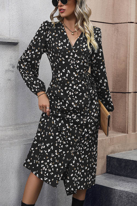 Perfee Printed Surplice Neck Long Sleeve Dress Black Trendsi 717b809c6d294e6ab101827ab0b9416e-Max