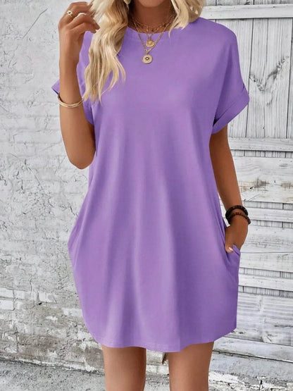 Pocketed Round Neck Short Sleeve Dress Lavender Trendsi 717bdcac-c1a1-4d1b-a230-8f3e833329a5-Max