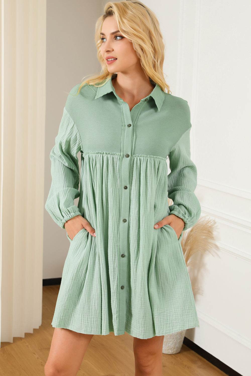 Buttoned Collared Neck Dropped Shoulder Mini Dress Trendsi 719f1940a9b44addbe34147eb816dd96-Max
