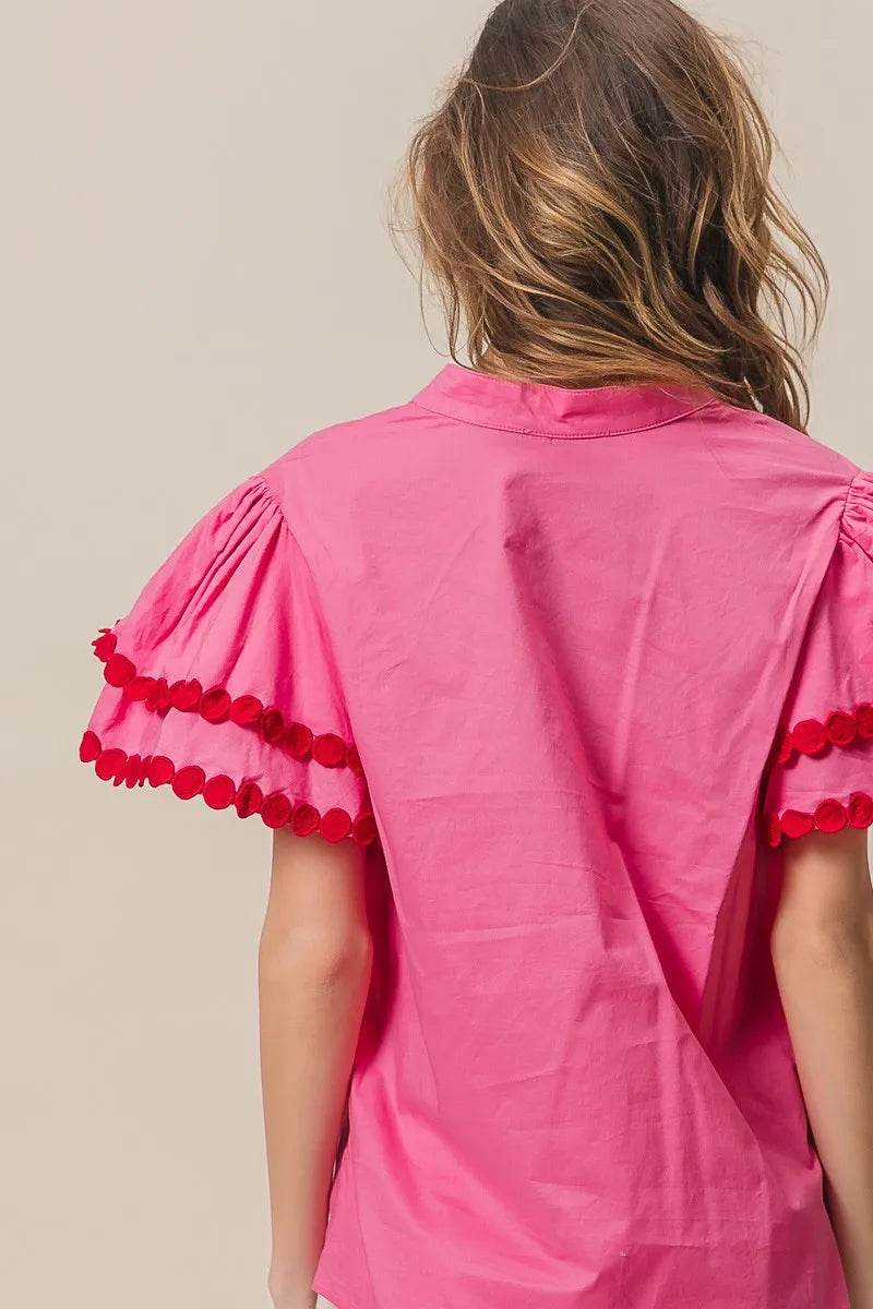 BiBi Dot Trim Flutter Sleeve Notched Top Trendsi 71b84cef5c694cc7997ea4e81ea39672-Max-Origin