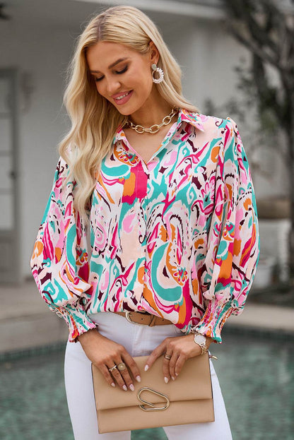 Printed Puff Sleeve Collared Blouse Trendsi 71c8904f706d4b4d9729280526f6349a-Max