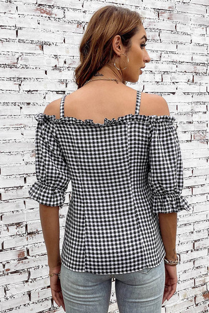 Plaid Buttoned Sweetheart Neck Cold-Shoulder Top Trendsi 71dee6af0a8f4e2f8e7ebdee6c2ec608-Max