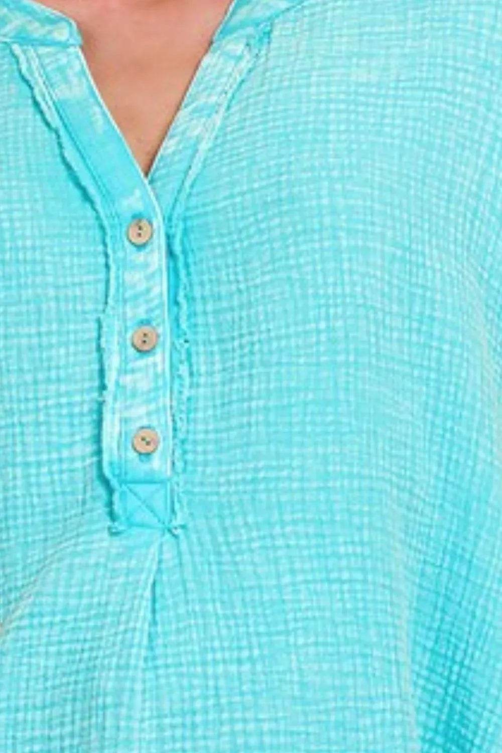 Zenana Washed Double Gauze 3/4 Button Henley Neck Shirt Trendsi 720a5875-ccd4-4858-9d56-5162a6a84872-Max-Origin