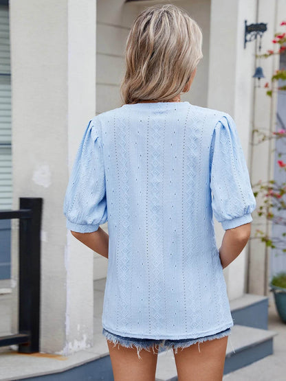 Eyelet V-Neck Puff Sleeve Casual Top Trendsi 72286c843f104f87969e239c1bfbfce4-Max-Origin