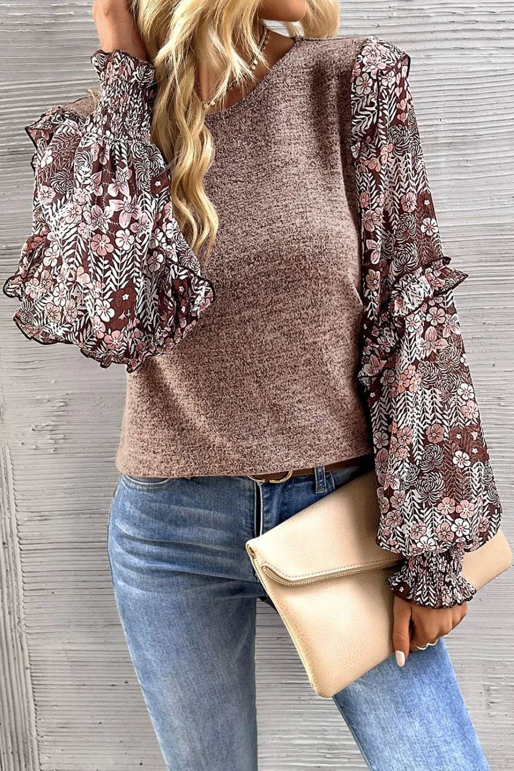 Heathered Floral Frill Lantern Sleeve Blouse Trendsi 723ce497c6d44998aac10b0e07b2baf5-Max