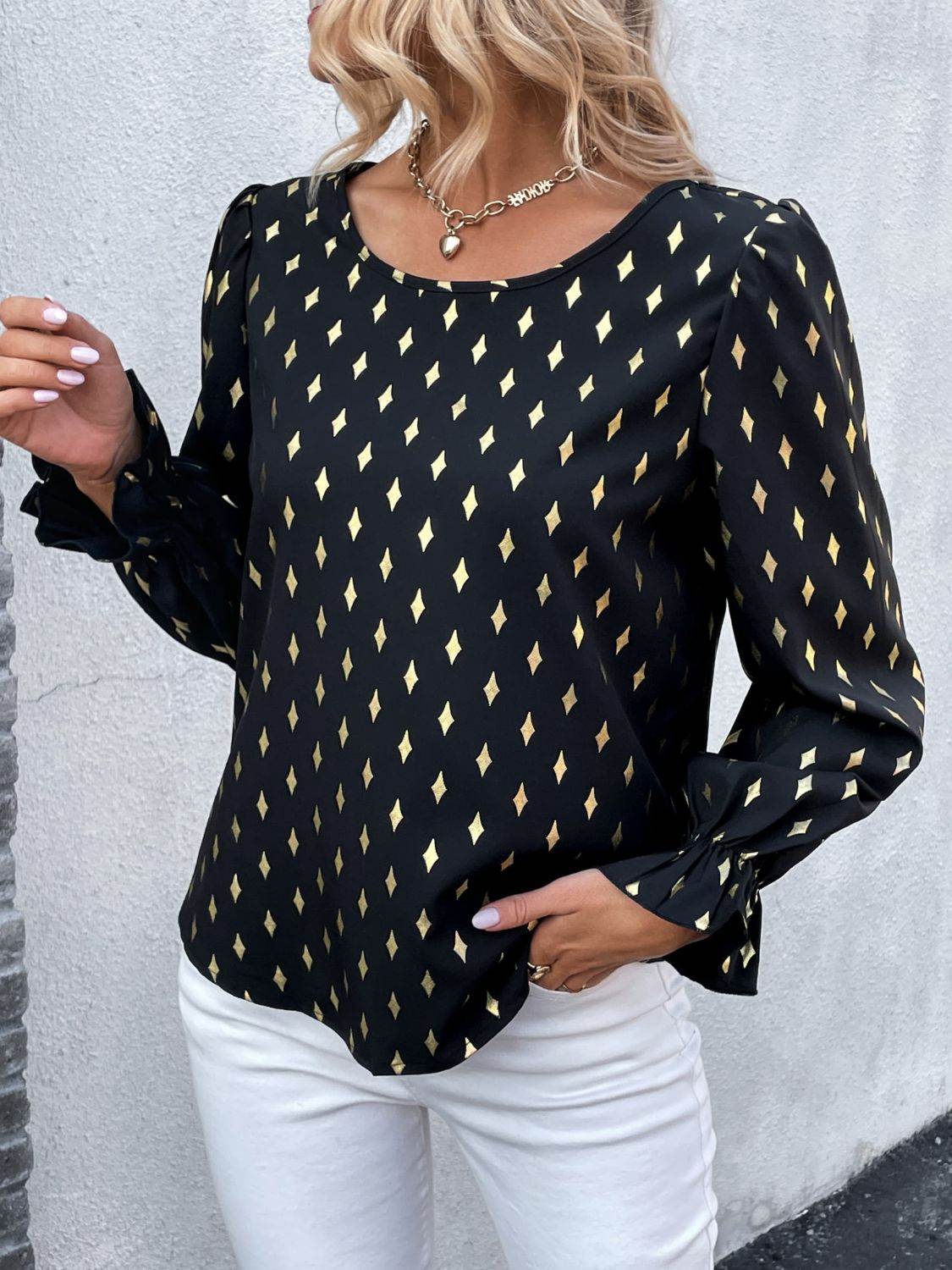 Perfee Printed Round Neck Flounce Sleeve Blouse Trendsi 728caedf01f1458d920b7205cf7626ce-Max