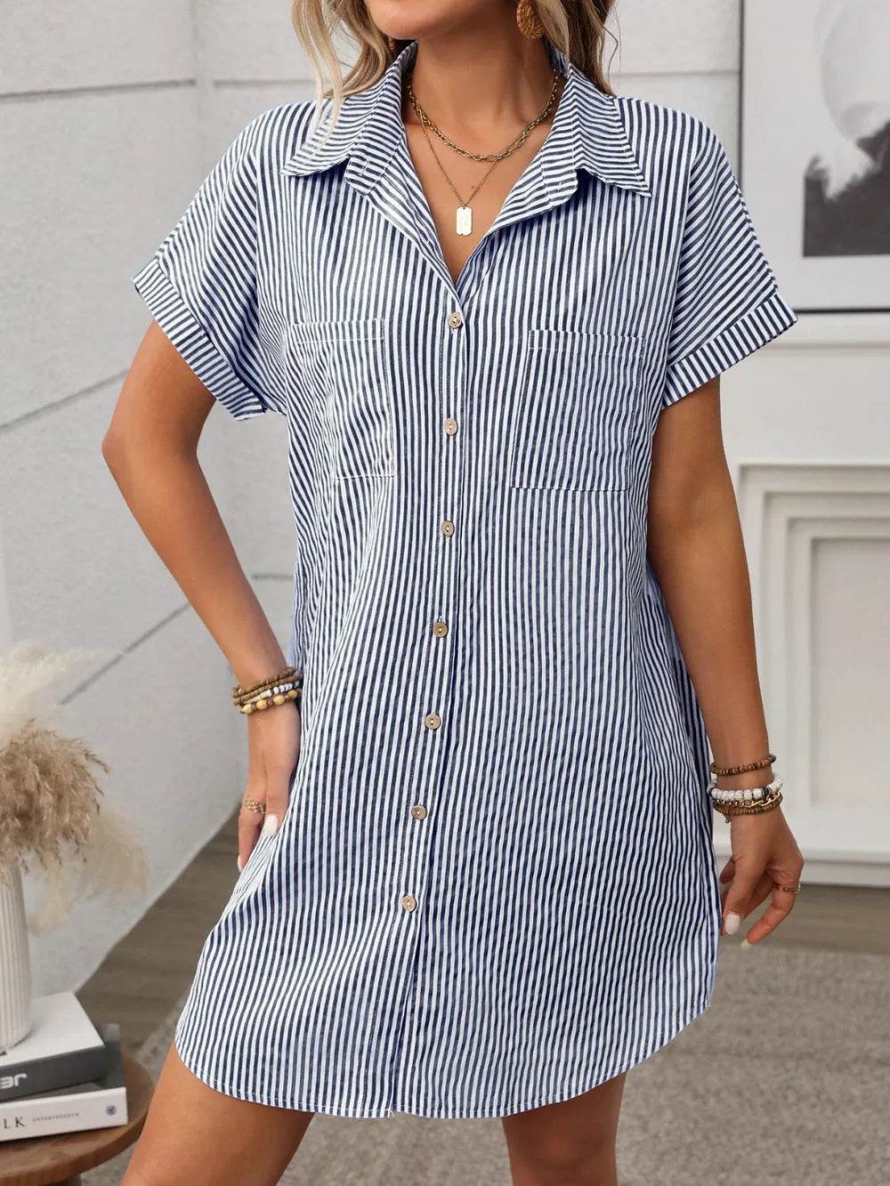 Striped Button Down Short Sleeve Mini Dress Trendsi 72ac2169-3007-4807-89b7-84cb4383748a-Max