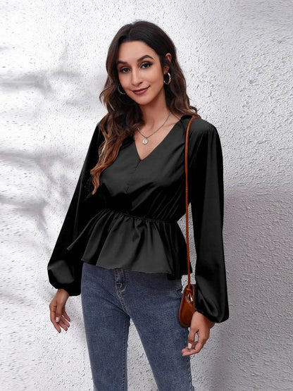 V-Neck Balloon Sleeve Peplum Blouse Black Trendsi 72cb3ce30c3144ba82d0db80bc028a86-Max