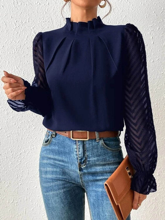 Mock Neck Flounce Sleeve Blouse Navy Trendsi 72e1c9e5d9ae4439af5c49c3544ec89e-Max