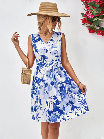 Floral V-Neck Tie Waist Sleeveless Dress Trendsi 72e581aa2e914ba1bd695a2606ec37c0-Max
