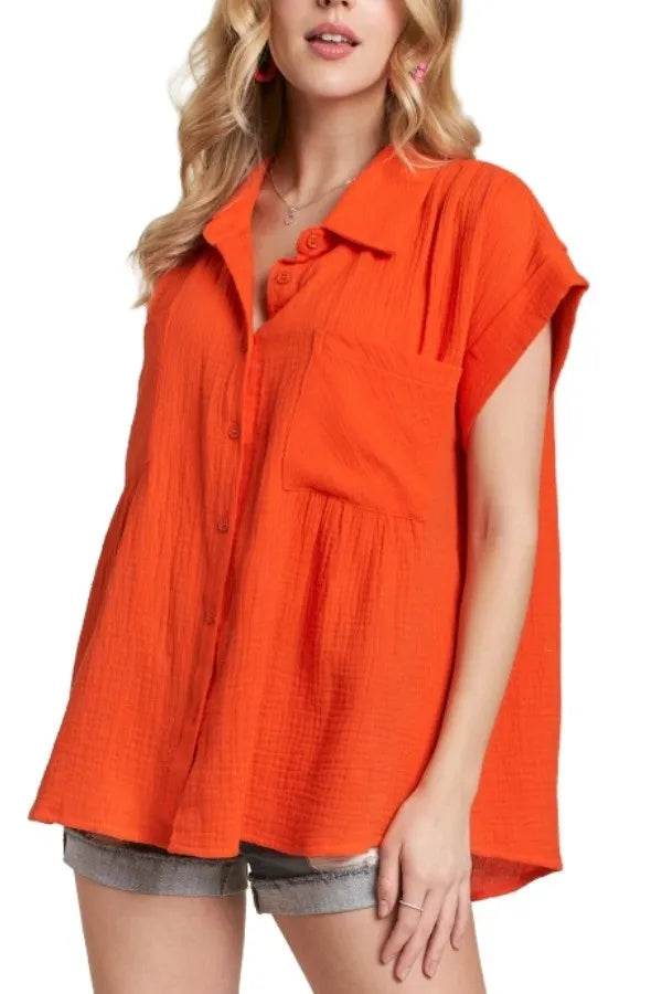 ADORA Button Down Solid Shirt W Pockets ORANGE Trendsi 72f829505b114fc5a87786a43e9c21fc-Max-Origin