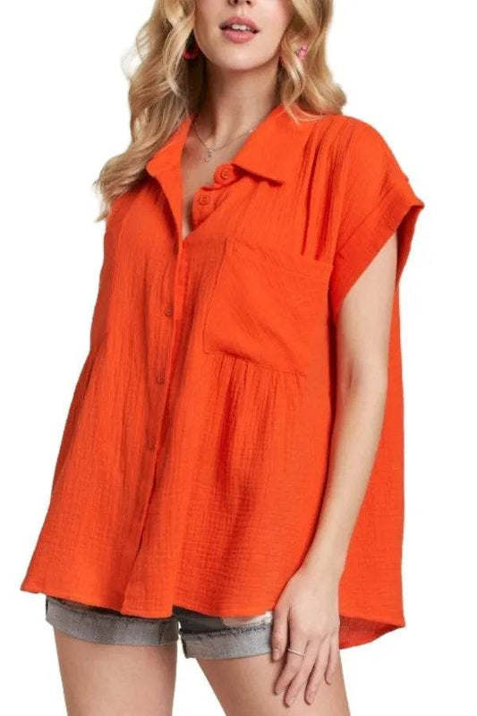 ADORA Button Down Solid Shirt W Pockets ORANGE Trendsi 72f829505b114fc5a87786a43e9c21fc-Max-Origin