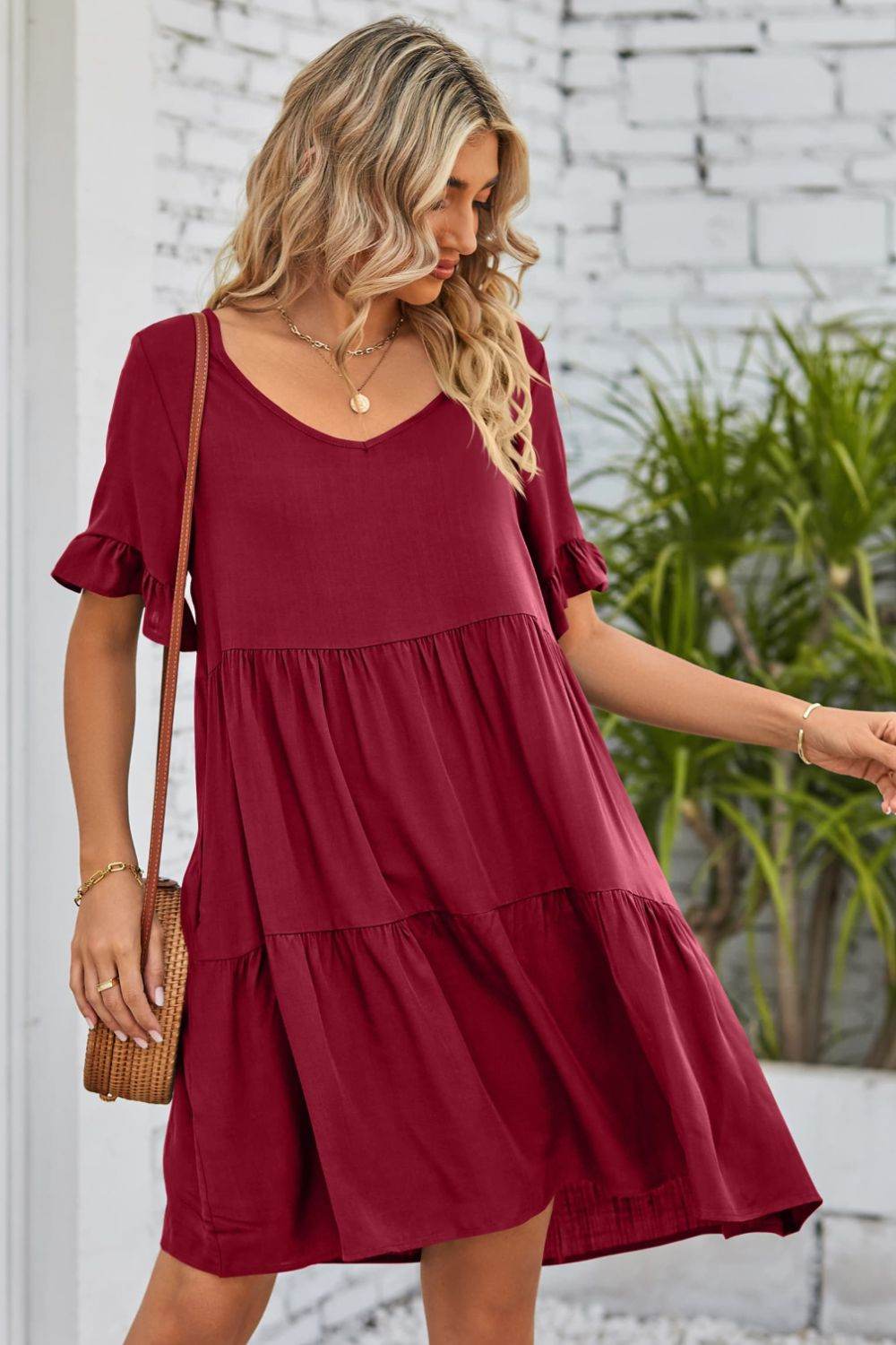 Mandy V-Neck Flounce Sleeve Tiered Dress Trendsi 73392a5c24ad4b3d82cf146b93a94cc2-Max
