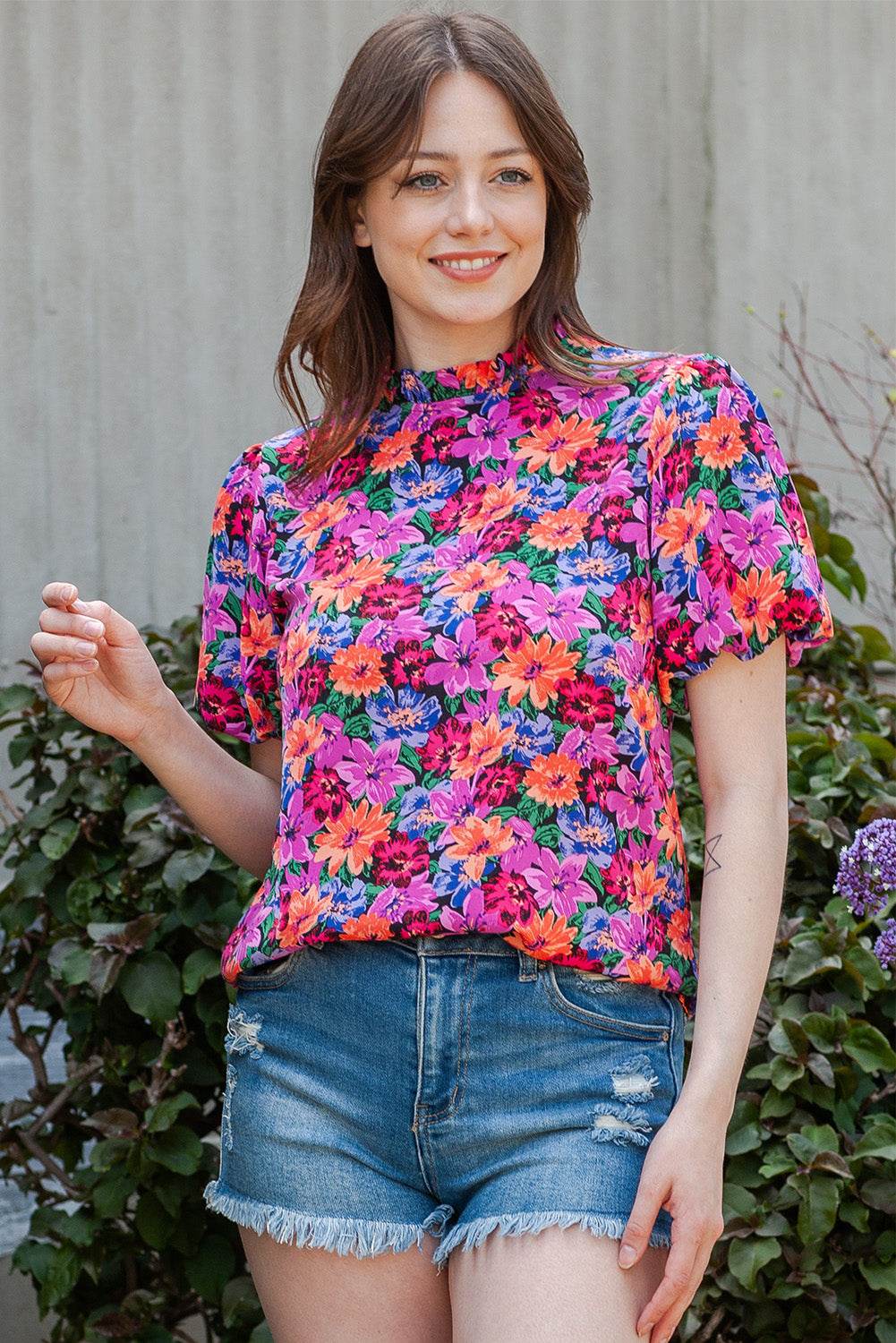Floral Print Puff Sleeve Round Neck Blouse Trendsi 735147b24691411a9b5b6e78d717ec97-Max
