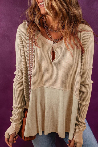 Notched Neck Long Sleeve Slit Blouse Beige Trendsi 7363ed7eb1ce45b39e8d17a11c607d92-Max
