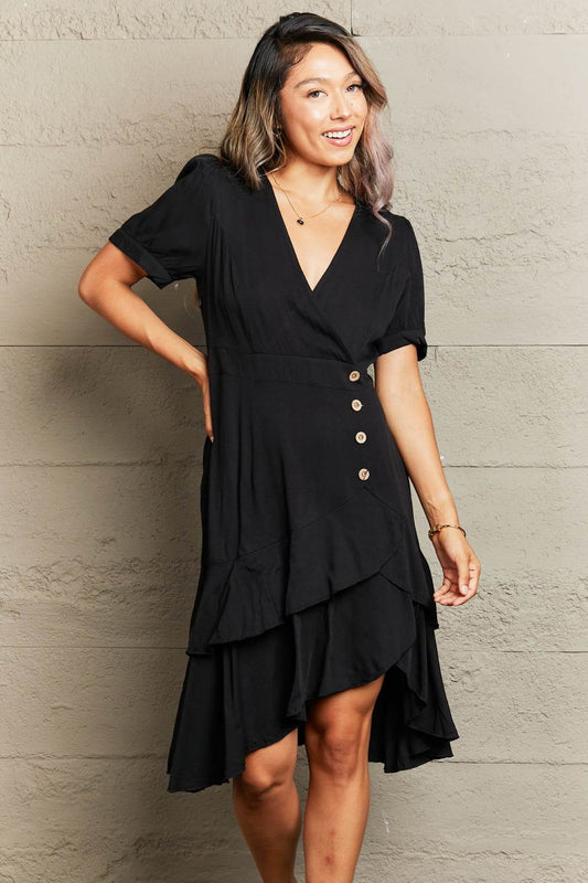 Perfee Decorative Button Surplice Ruffle Hem Dress Trendsi 73718cb141434d82bfd1c71b48ce4bb2-Max