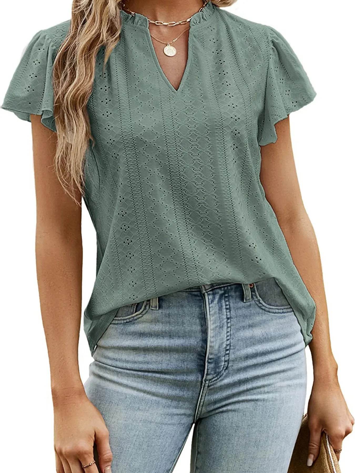 Eyelet Notched Short Sleeve T-Shirt Trendsi 73948b019cf344c99ab7f949010c47a5-Max-Origin