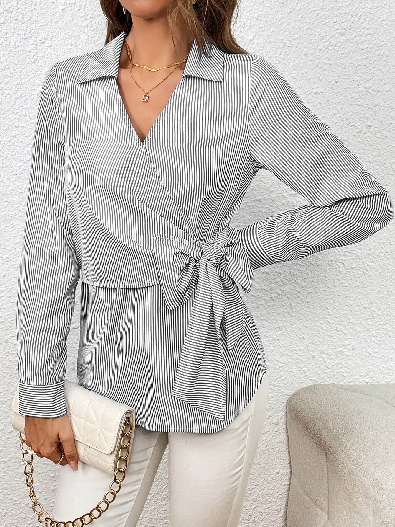 Ivy Lane Bow Tie Waist Johnny Collar Neck Striped Blouse Trendsi 73bd1254f4134248af10e50083a79a2c-Max