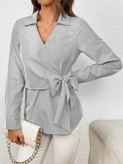 Ivy Lane Bow Tie Waist Johnny Collar Neck Striped Blouse Trendsi 73bd1254f4134248af10e50083a79a2c-Max