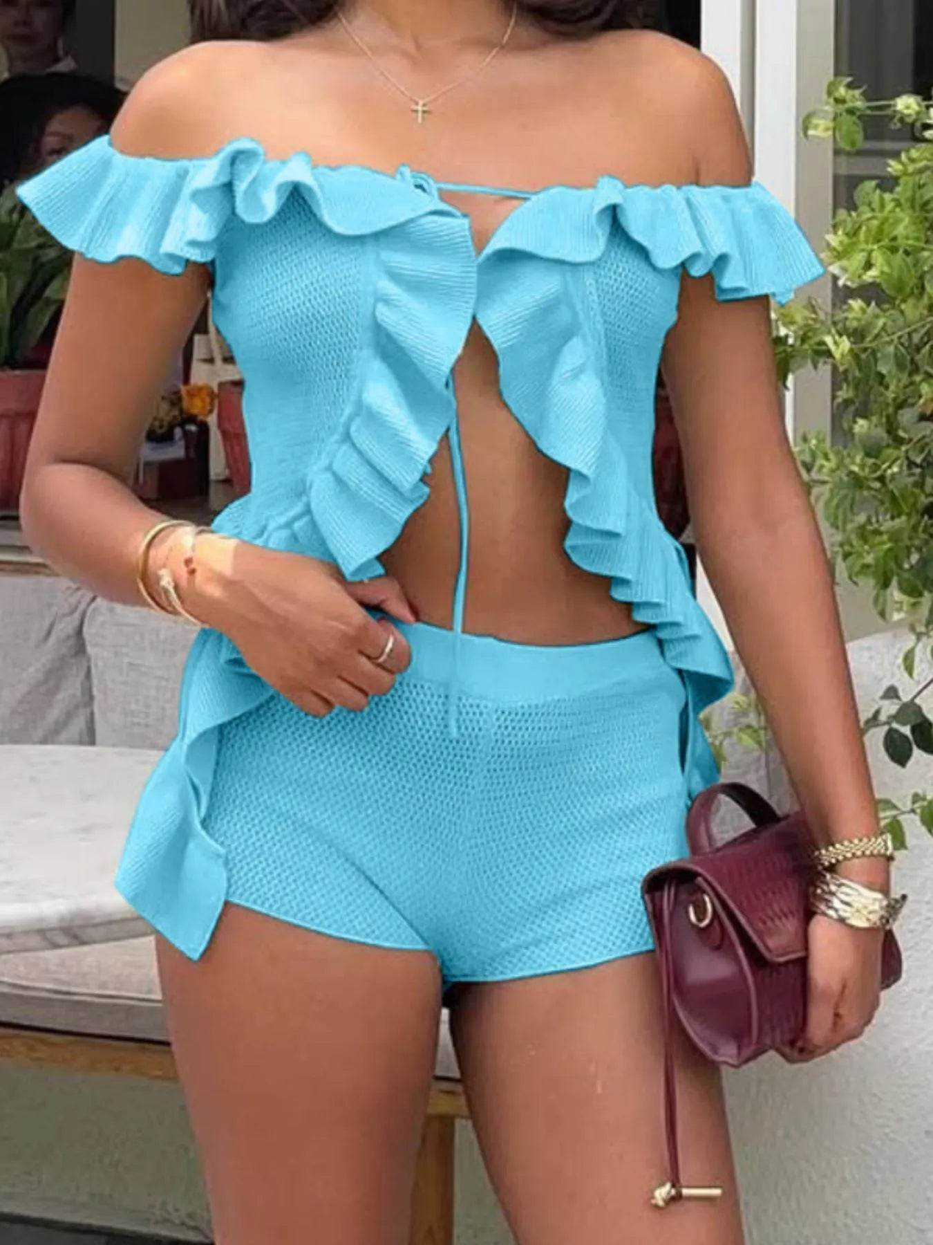 Off-Shoulder Ruffle Top and Shorts Sweater Set Trendsi 73c70a7b-7122-488b-af72-84ef690ee2aa-Max-Origin