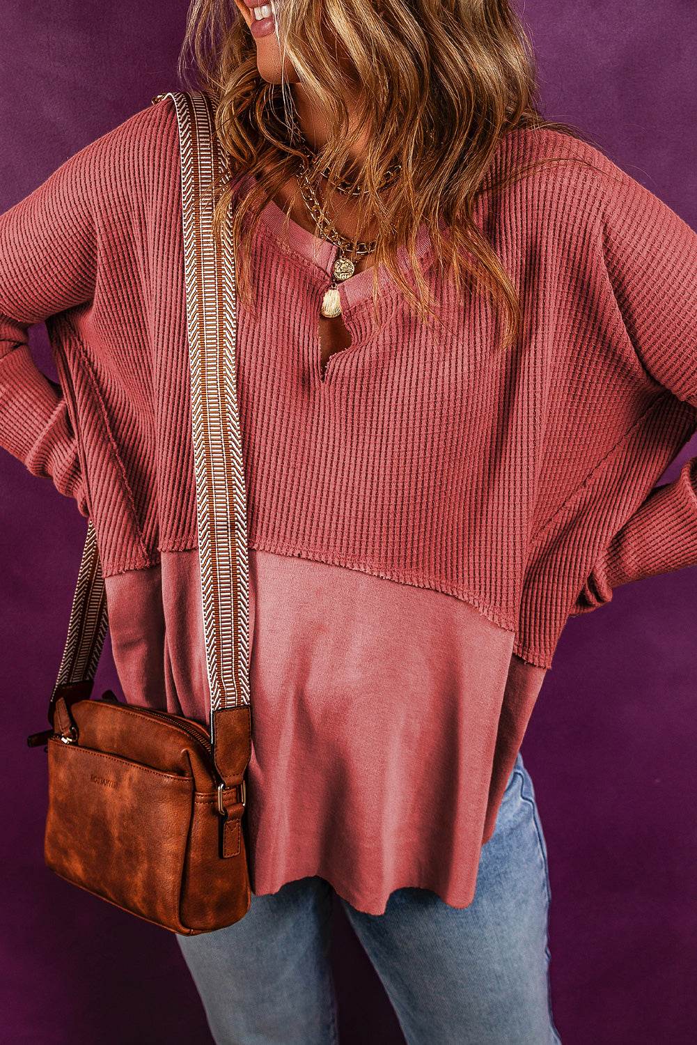 Notched Neck Long Sleeve Slit Blouse Trendsi 73c894f1b3af4013bd0e2b63454c943e-Max
