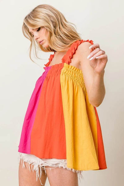 BiBi Frill Shoulder Strap Color Block Bodice Top Trendsi 73ce68b41afb43f39c0967f4056bd166-Max-Origin