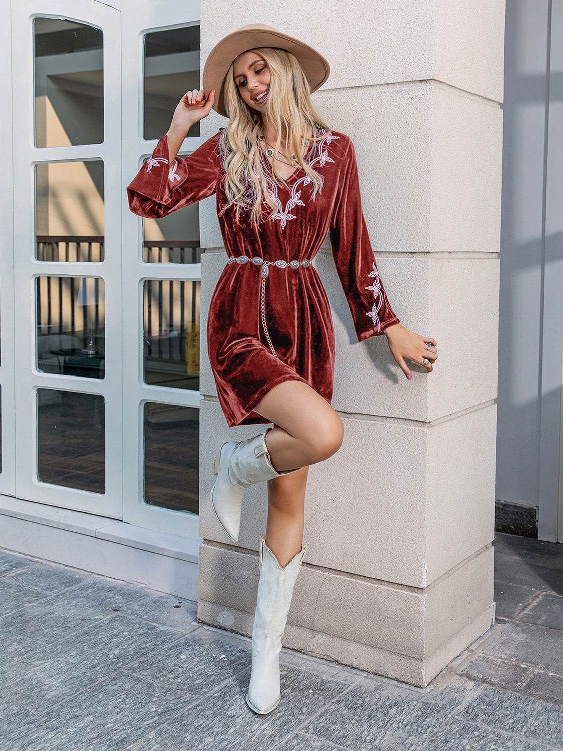 V-Neck Long Sleeve Mini Dress Trendsi 7411912e2ab34ffaa74c2c29874f03ca-Max