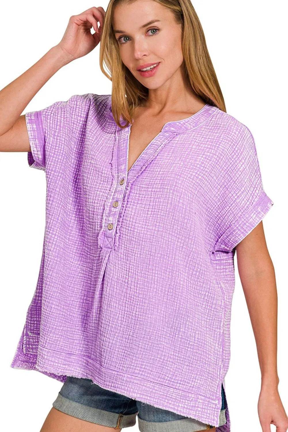 Zenana Washed Double Gauze 3/4 Button Henley Neck Shirt B LAVENDER Trendsi 741f341d-8a86-4746-8f5d-9c941bbe09d1-Max-Origin