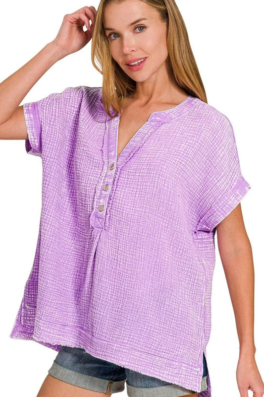 Zenana Washed Double Gauze 3/4 Button Henley Neck Shirt B LAVENDER Trendsi 741f341d-8a86-4746-8f5d-9c941bbe09d1-Max-Origin