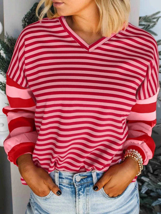 Striped Drop Shoulder V Neck Top Deep Rose Trendsi 7447b51a84c24ba09c2677a19fe9cb9e-Max-Origin