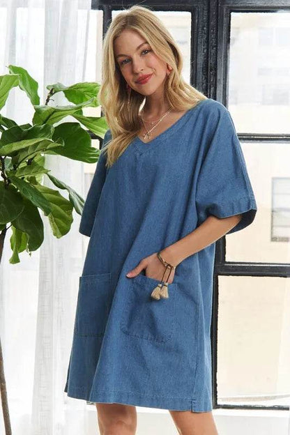 ADORA V-Neck Half Sleeve Mini Denim Dress Trendsi 7467eefe-127a-4ca7-bc5f-7892a81f60e8-Max
