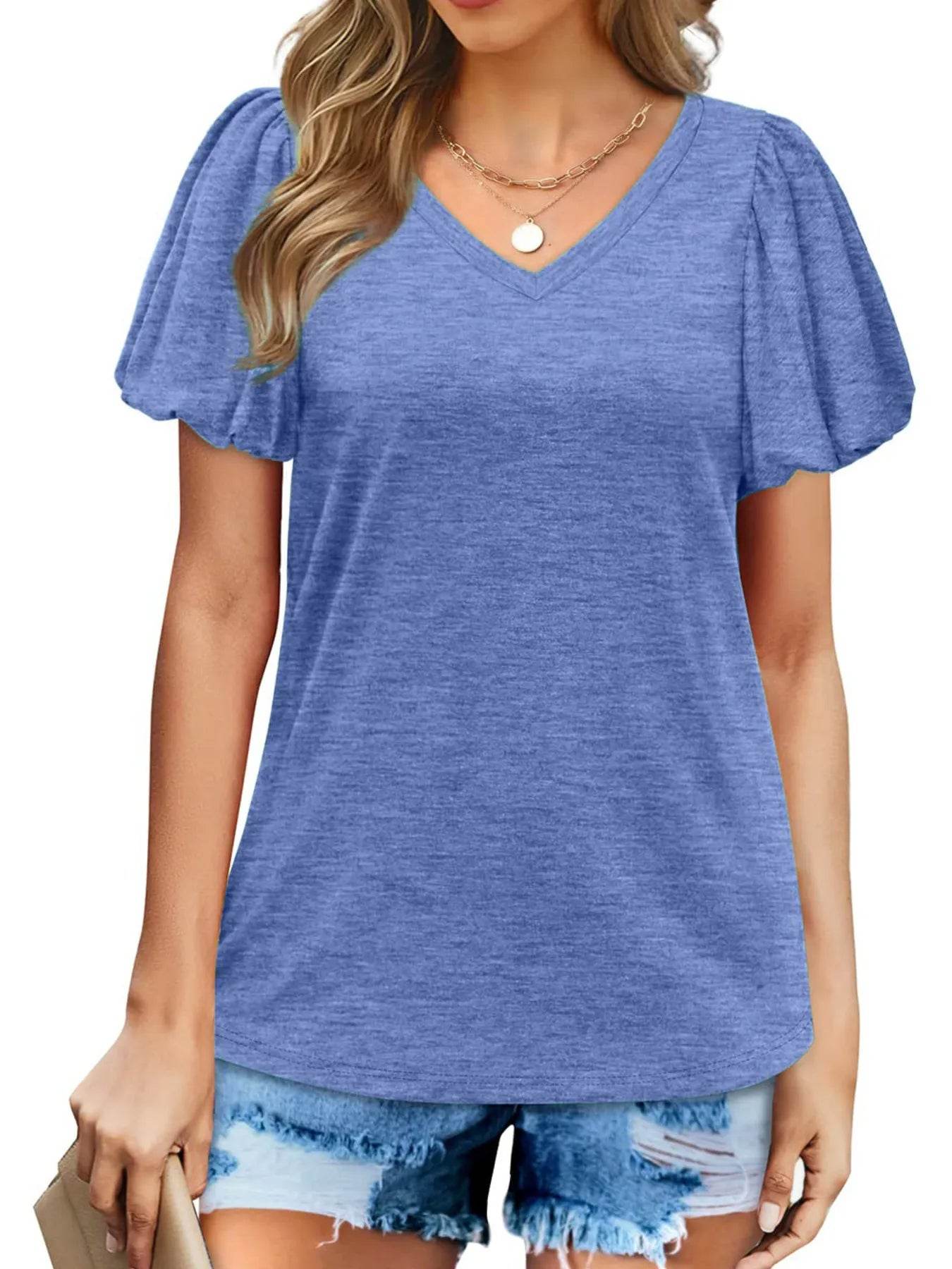 V-Neck Puff Sleeve Casual T-Shirt Trendsi 746c98558f39468cbc877256bad688e8-Max-Origin