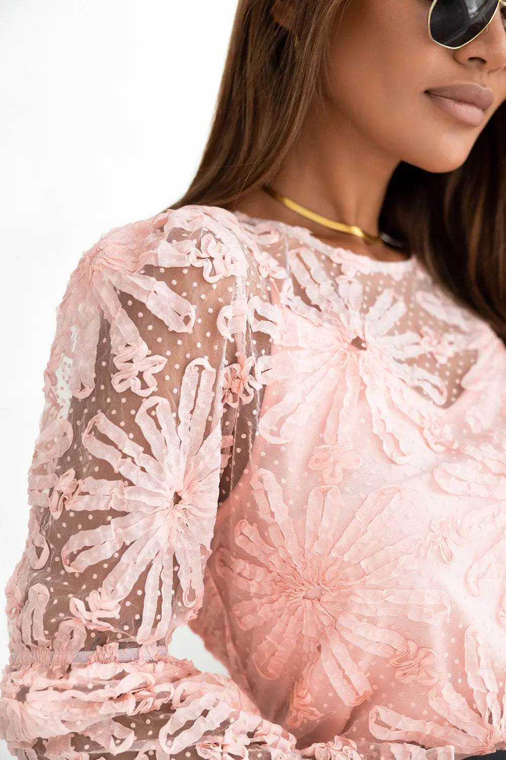 Flower Dotted Ruffled Sleeve Mesh Top Trendsi 747b2c854d6a424080b867b158e50378-Max