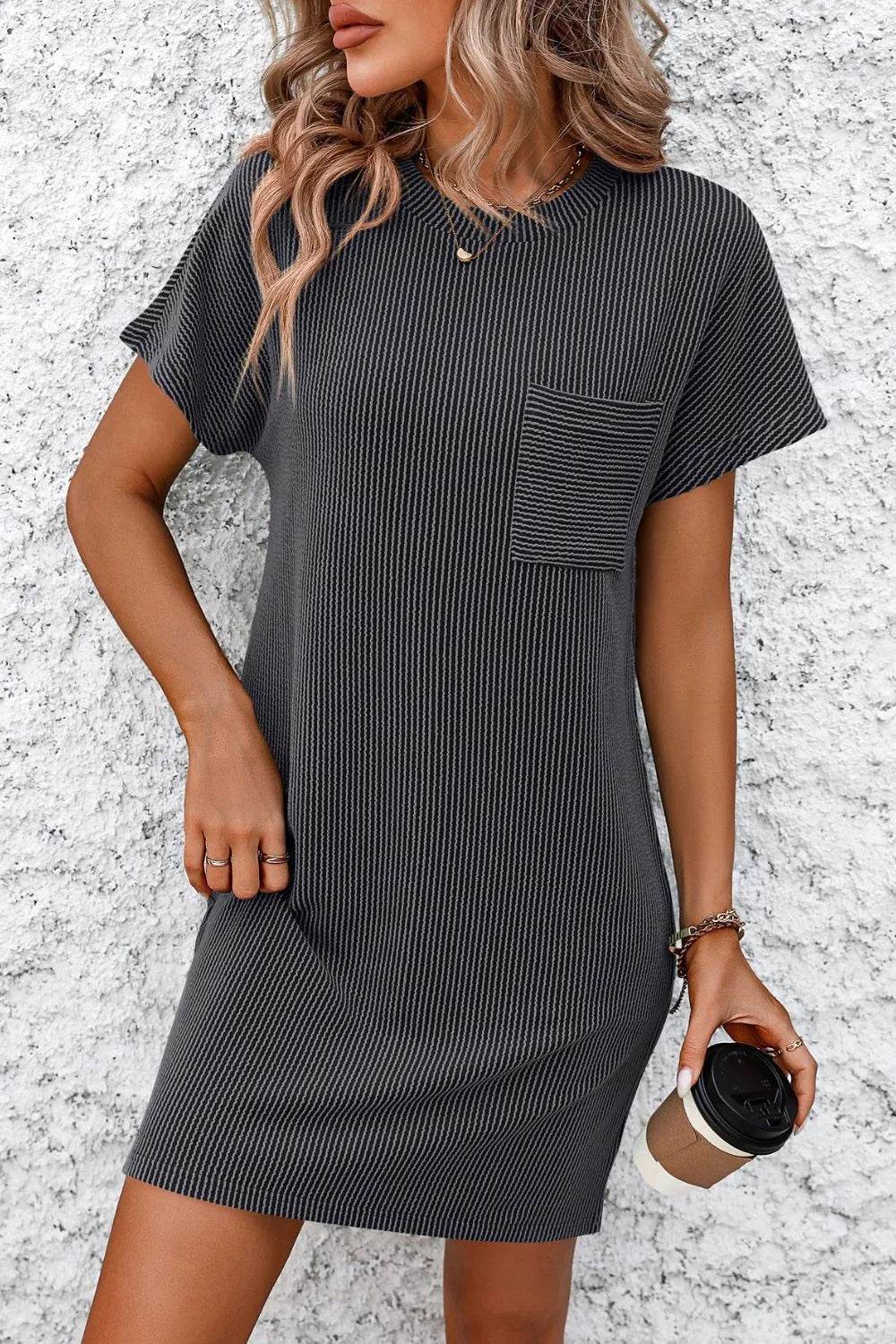 Mandy Ribbed Striped Short Sleeve Mini Tee Dress Dark Gray Trendsi 7497b326-6eca-4846-b58b-aee90876e303-Max