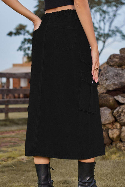 Slit Front Midi Denim Skirt with Pockets Trendsi 74b2fa8b140142ac9808de0f56c15047-Max
