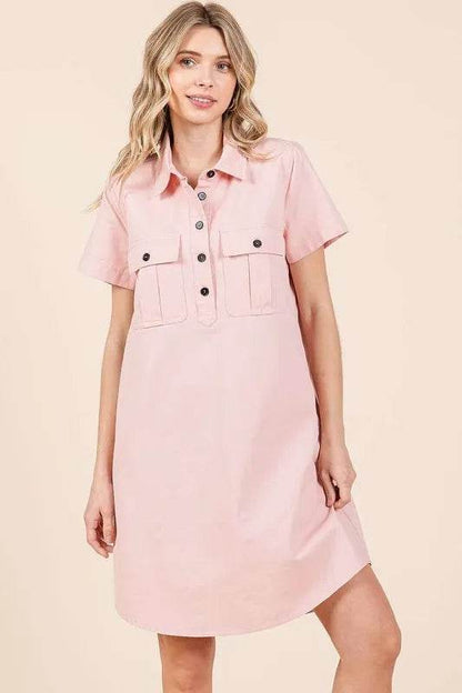 Mittoshop Button Detail Collared Neck Short Sleeve Shirt Dress Trendsi 74cf101c-9017-4a84-978b-f2ea0e8bf9bb-Max