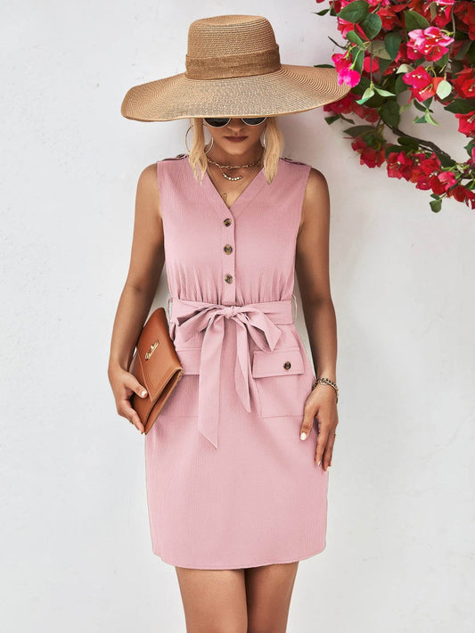 Buttoned V-Neck Belted Sleeveless Dress Blush Pink Trendsi 74cf3be6da44443da2da0c0accb7df89-Max