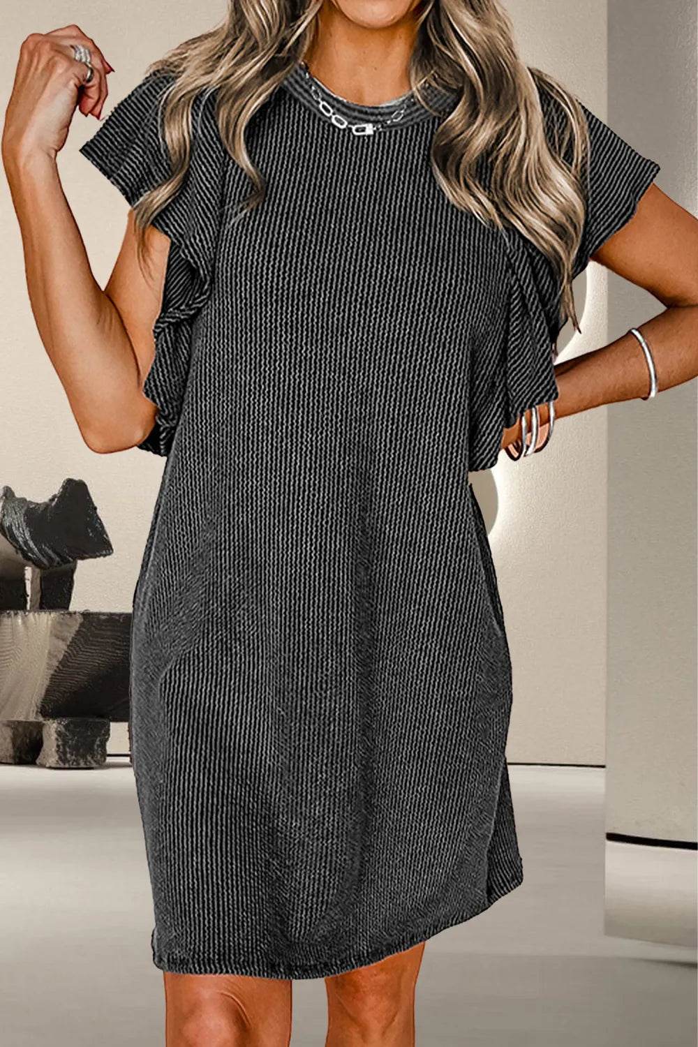 Textured Ruffled Round Neck Cap Sleeve Dress Black Trendsi 74f35431-89f1-4514-b8fb-e89ed9191eb3-Max
